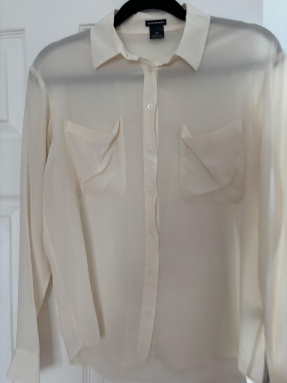 100% Silk Club Monaco Soft Ivory Sheer Button Blouse Size Small